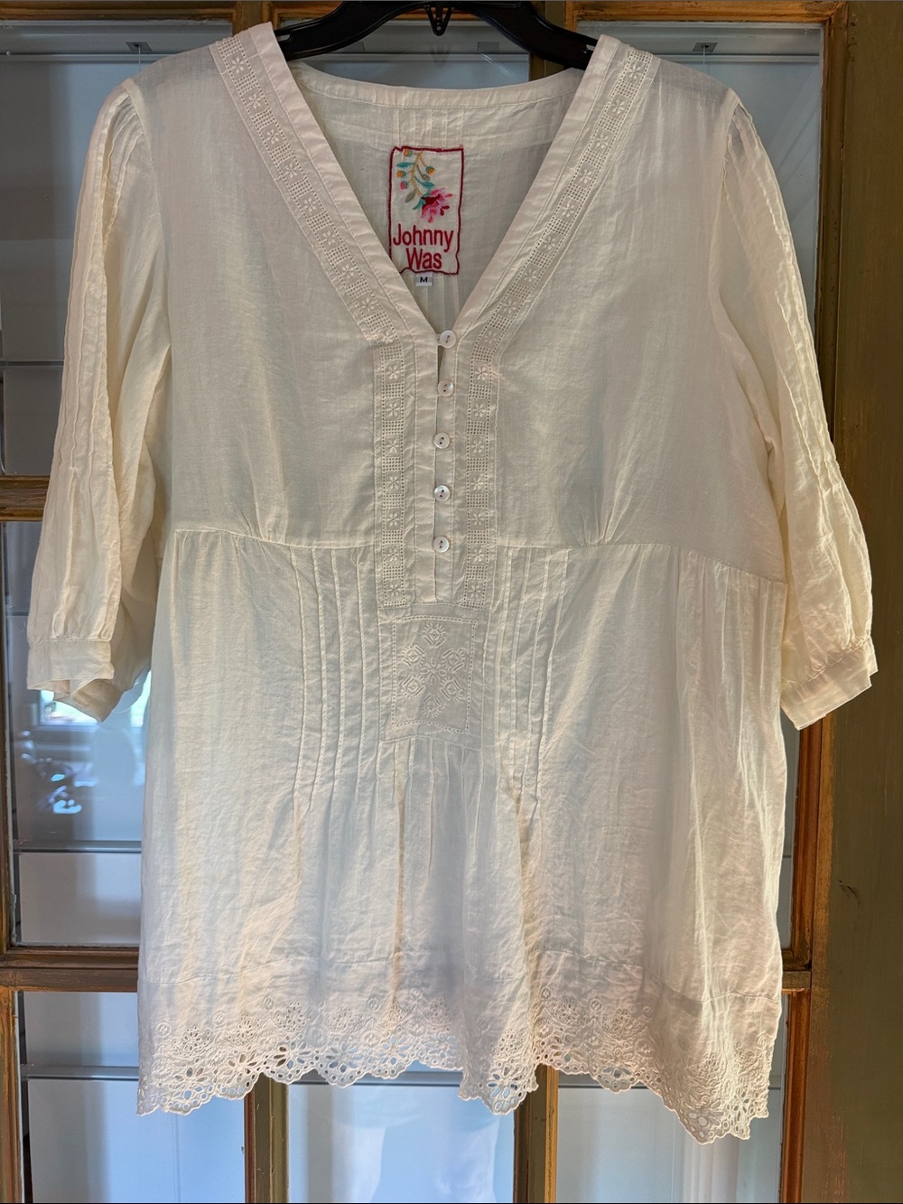 Johnny Was Cream Embroidered V-Neck Peasant Tunic